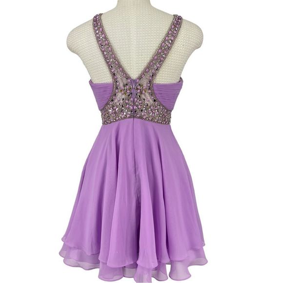 Custom Purple Beaded Halter Cocktail Dress - Picture 3 of 11